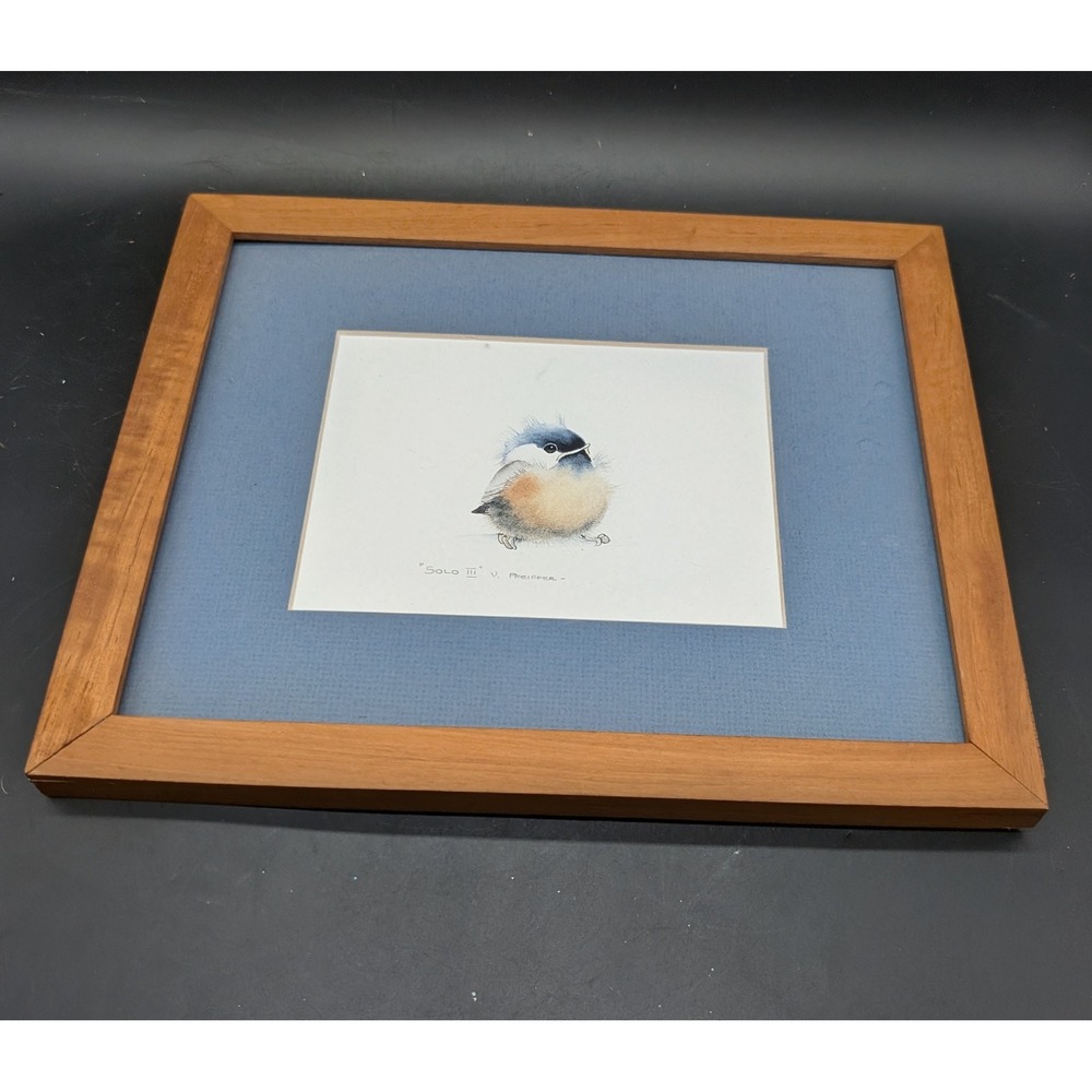 V Pfeiffer Solo III Signed Chickadee Bird Art Print Framed Double Matted Wood